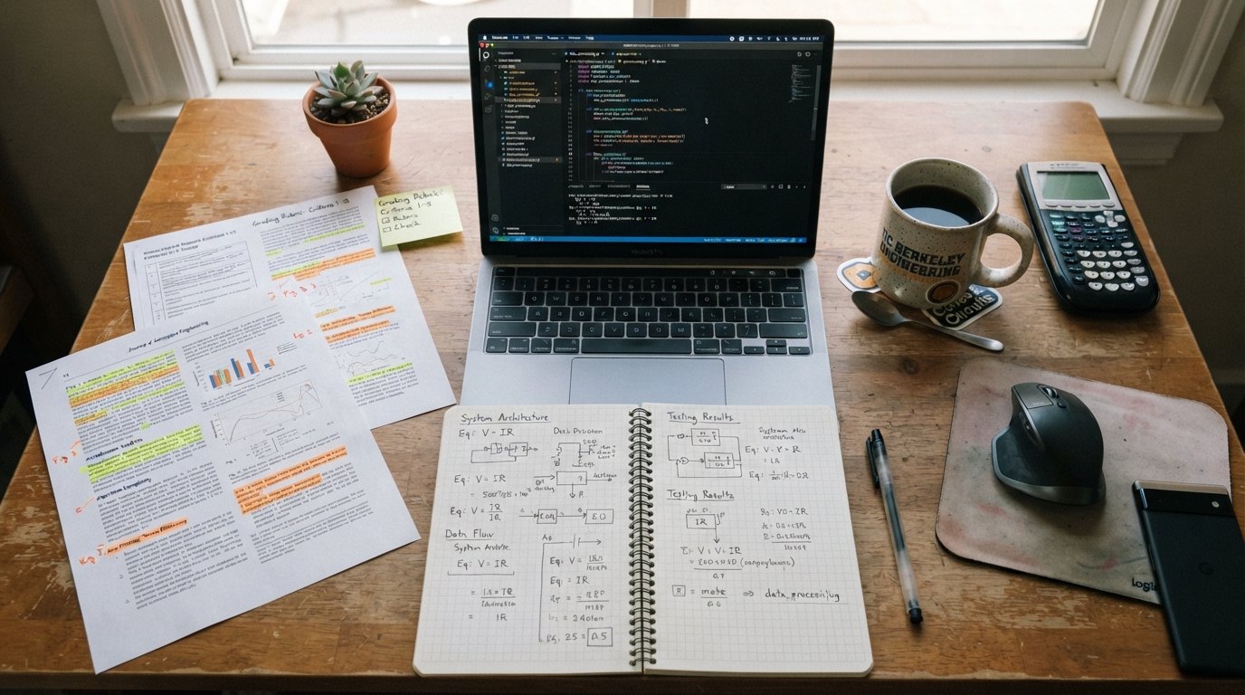 Clean real desk flatlay of engineering project work