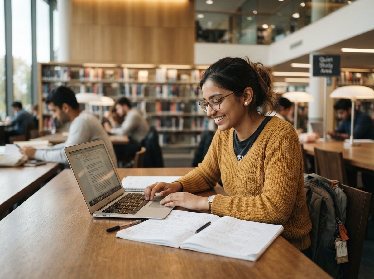 University student reviewing notes and studying at a library desk