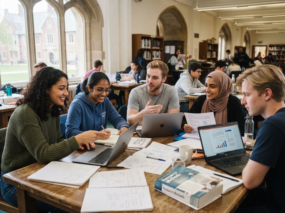 Group of diverse university students collaborating in a collegiate library